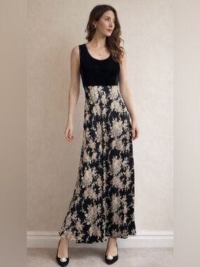 Vintage Velvet Floral Flowy Maxi Dress Size 4 Black 90’s A-Line